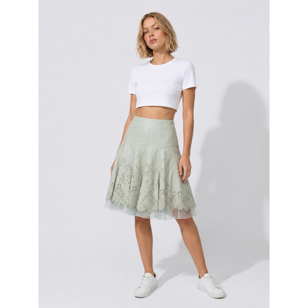 Per Se Mint Green Lazercut Leather Skirt Y2K vntg NWT $895 Balletcore coquette